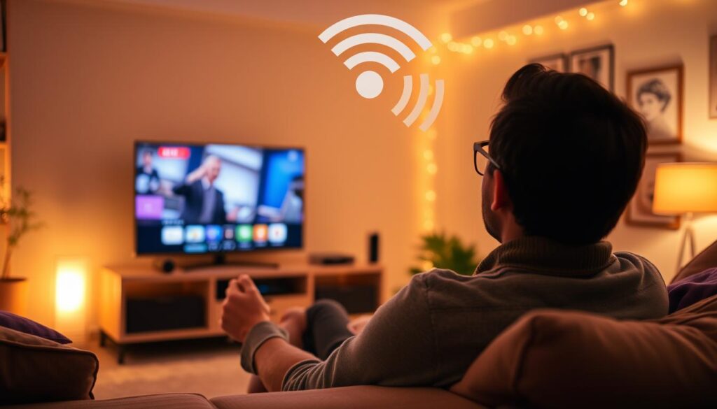 Generate an image of a person enjoying their favorite TV show on a large screen with a stable internet connection.