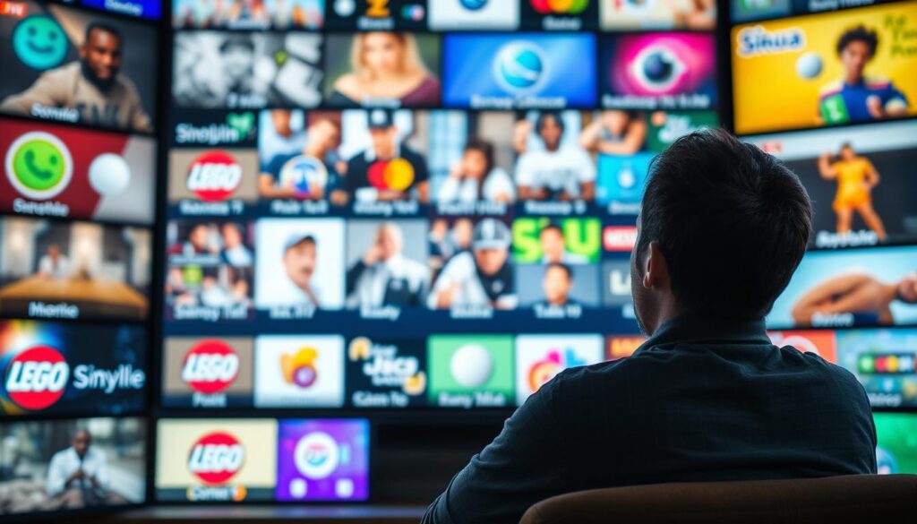 Generate an image of a person enjoying their favorite TV show on a large screen with a variety of channels displayed.
