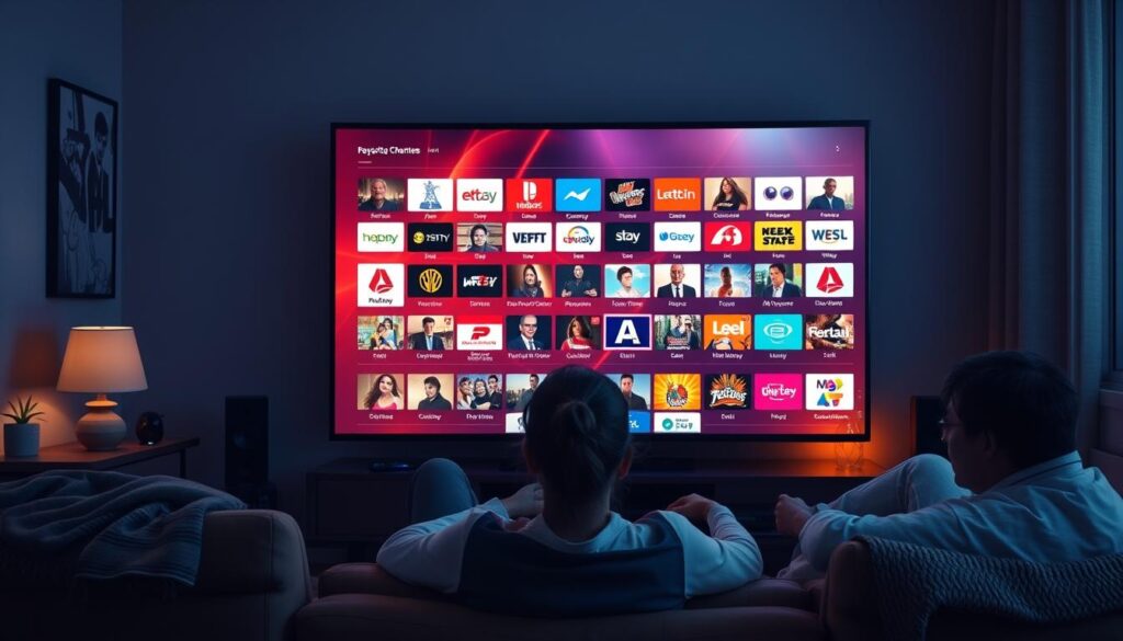Generate an image of a person enjoying their favorite TV show on a large screen with a variety of channels displayed.