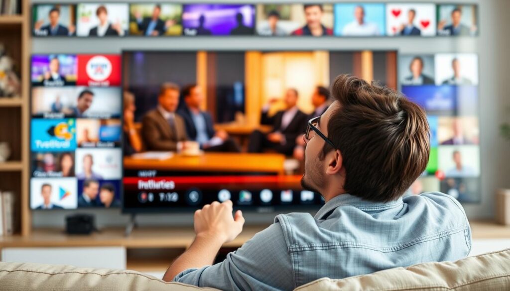 Generate an image of a person enjoying their favorite TV show on a large screen with multiple channels displayed.