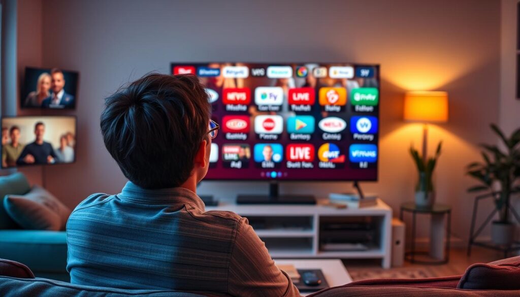 Generate an image of a person enjoying their favorite TV show on a large screen with multiple channels displayed.
