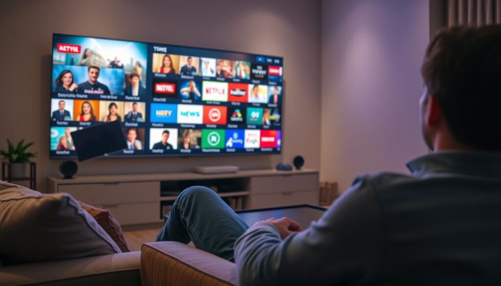 Generate an image of a person enjoying their favorite TV show on a sleek, modern TV with a variety of channels displayed on the screen.