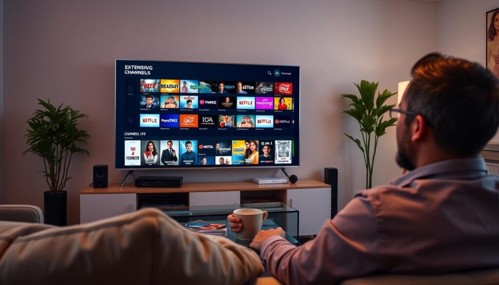 Generate an image of a person enjoying their favorite TV show on a sleek, modern TV with a vast channel list on the screen.