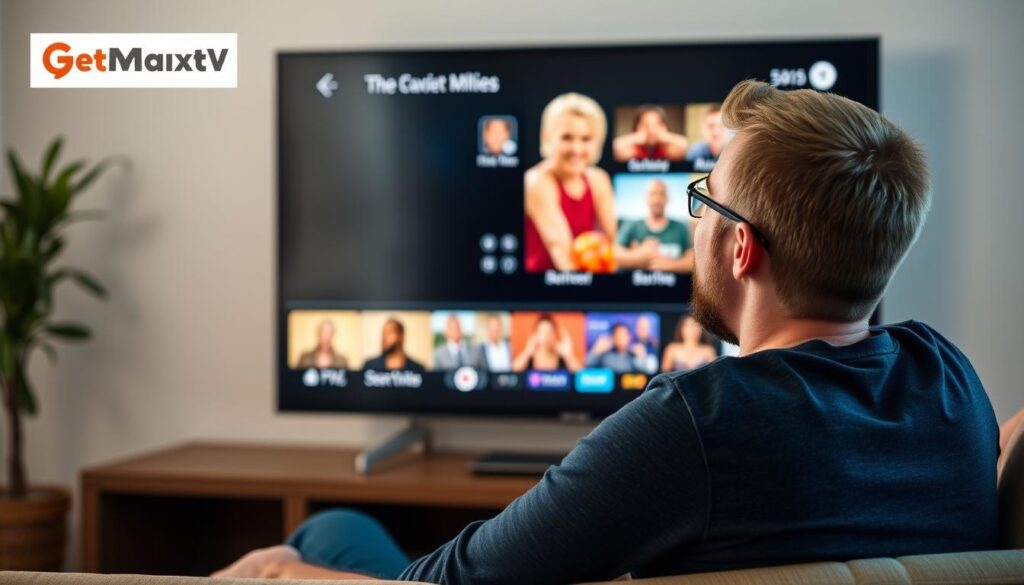 Generate an image of a person enjoying their favorite TV show on a smart TV with a GetMaxTV logo in the corner.