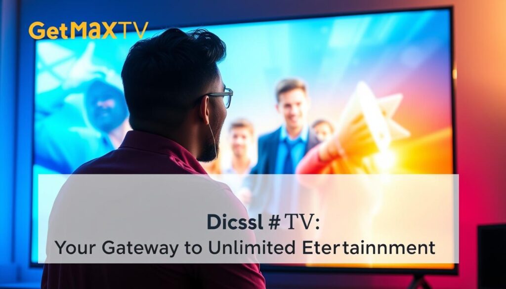 Generate an image of a person enjoying their favorite TV show on a smart TV with a caption "GetMaxTV: Your Gateway to Unlimited Entertainment"