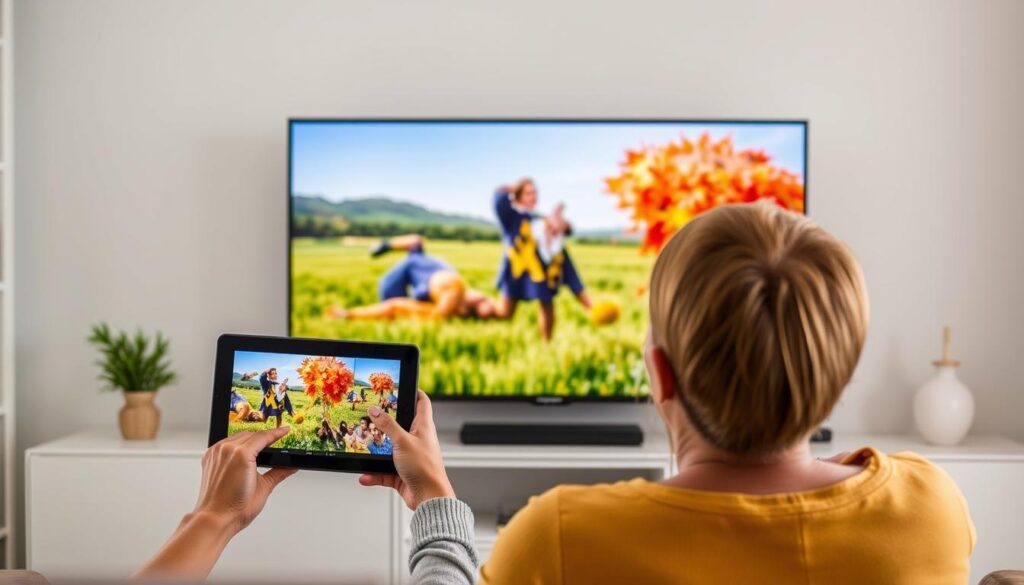 Generate an image of a person enjoying their favorite TV show on a variety of devices via DigitaLizard IPTV.