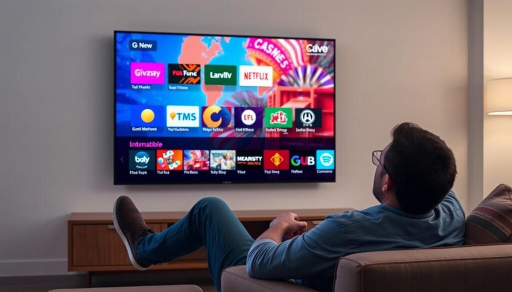 Generate an image of a person enjoying their favorite TV show on a wide-screen TV with a vast selection of international channels on the screen.