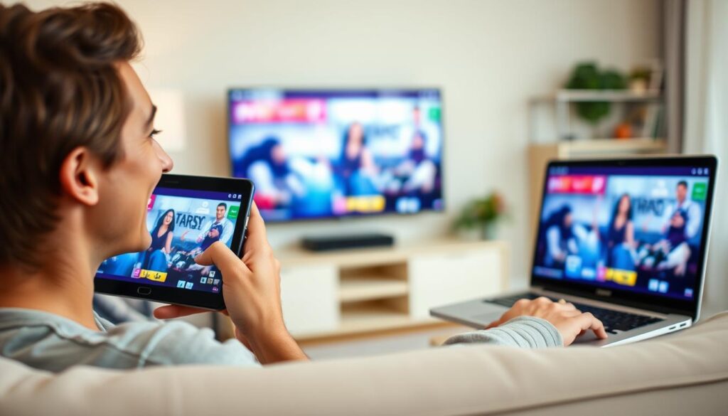 Generate an image of a person enjoying their favorite TV show on multiple devices with a satisfied expression.