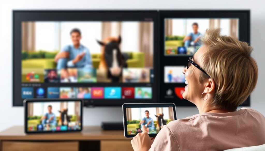 Generate an image of a person enjoying their favorite TV show on multiple devices with a satisfied expression, symbolizing the flexibility and quality of DigitaLizard IPTV.