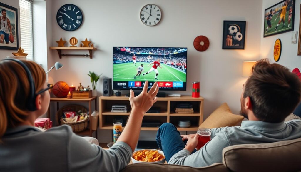 Generate an image of a person enjoying their favorite sports channel on IPTV.