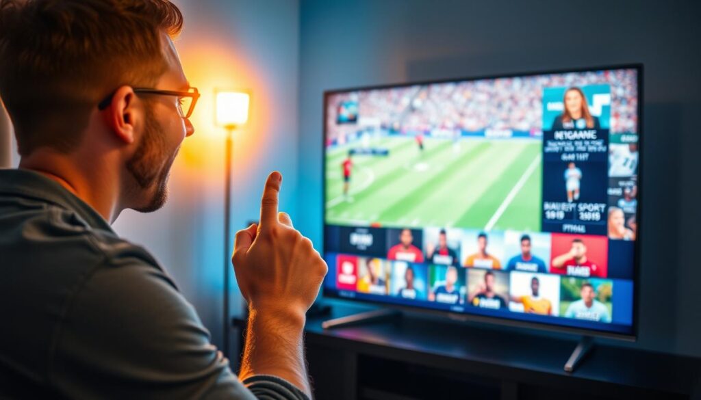 Generate an image of a person enjoying their favorite sports channel on a high-definition TV with KROOZ TV IPTV service.