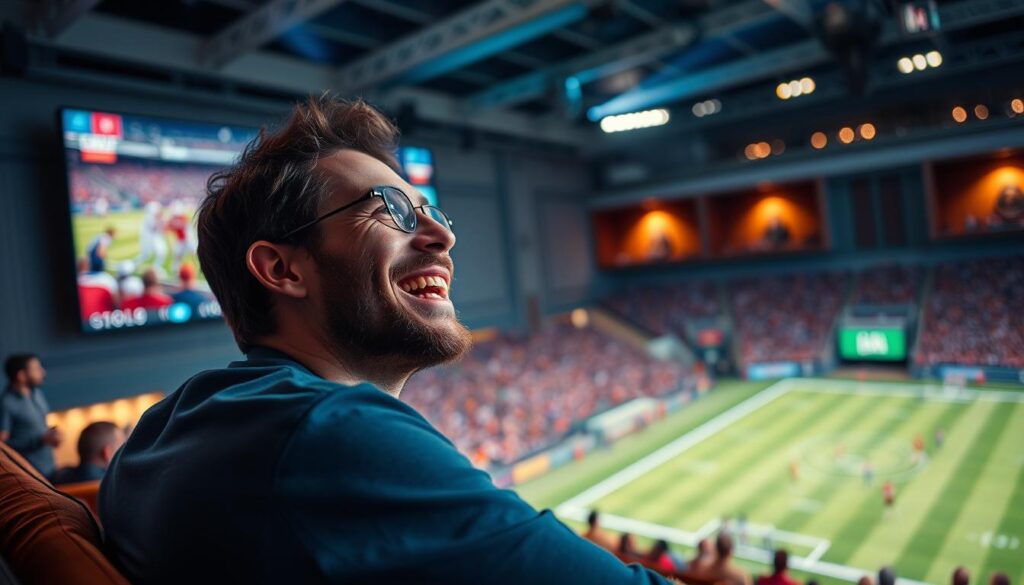 Generate an image of a person enjoying their favorite sports event on a 4K TV with a satisfied expression.