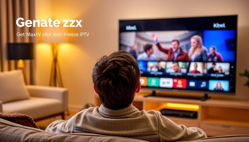 Generate an image of a person enjoying uninterrupted streaming on their TV with GetMaxTV's Anti-Freeze IPTV service