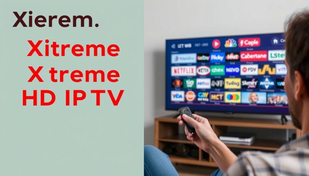 Generate an image of a person enjoying various TV channels on their Firestick device using Xtreme HD IPTV.