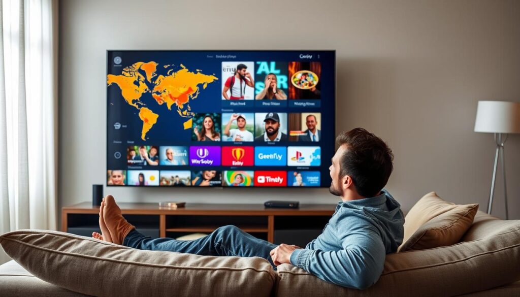Generate an image of a person enjoying various global channels on their TV with XTREAM VIEW IPTV service.