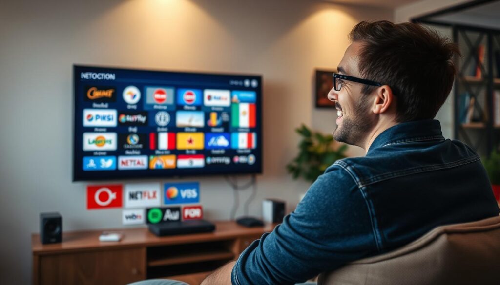 Generate an image of a person enjoying various global channels on their TV with XTREAM VIEW IPTV service.