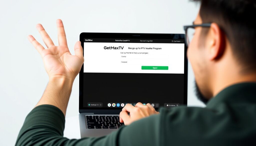 Generate an image of a person registering for GetMaxTV's IPTV reseller program on their computer.