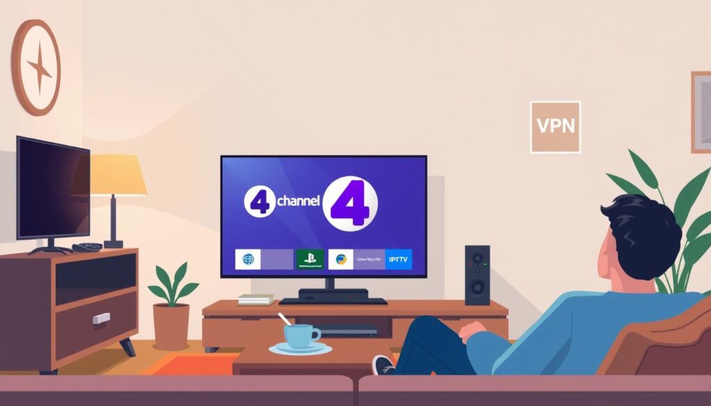 Generate an image of a person streaming Channel4 on IPTV with a VPN connection