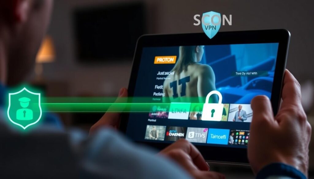 Generate an image of a person streaming IPTV content on a device with a Proton VPN connection.