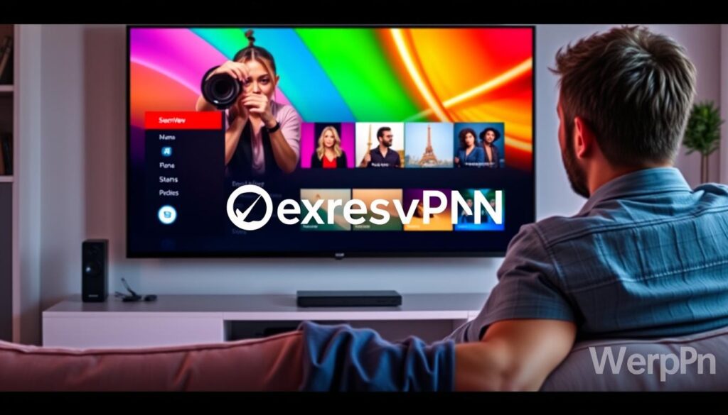 Generate an image of a person streaming IPTV content on a smart TV using ExpressVPN