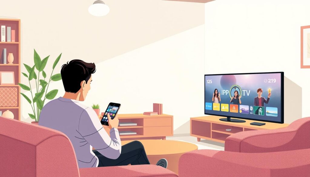 Generate an image of a person streaming IPTV content on multiple devices