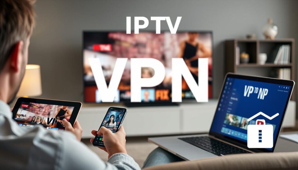 Generate an image of a person streaming IPTV content on multiple devices with a secure VPN connection.