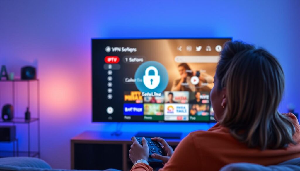 Generate an image of a person streaming IPTV content on their device with a VPN connection.