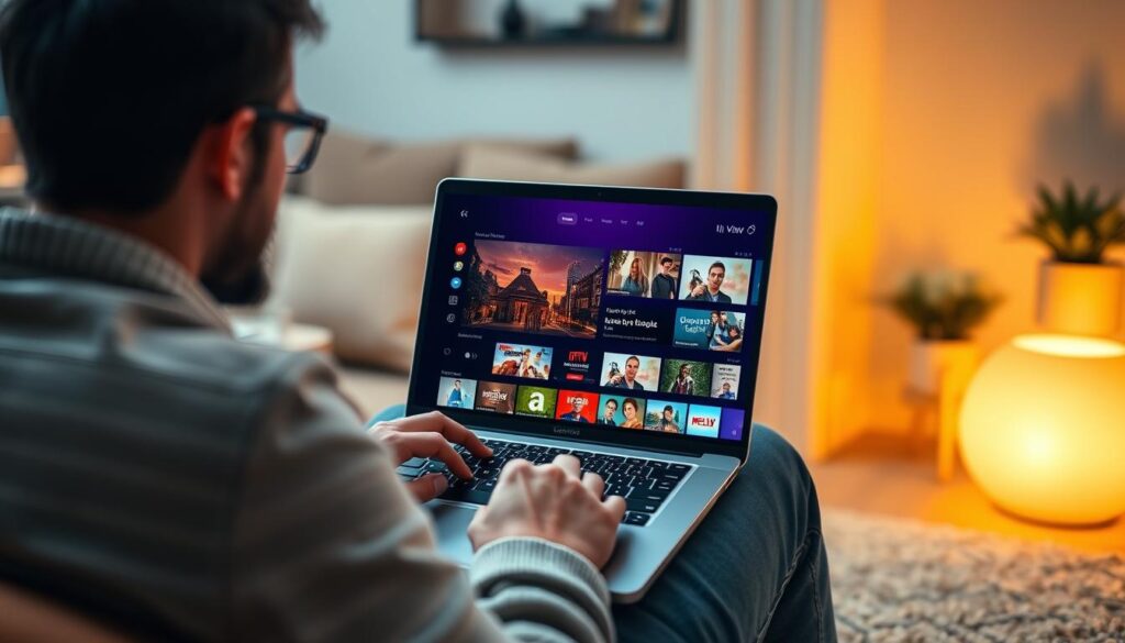 Generate an image of a person streaming IPTV content securely with NordVPN on a laptop.