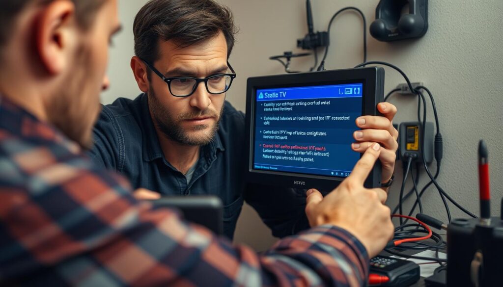 Generate an image of a person troubleshooting IPTV issues on their device.