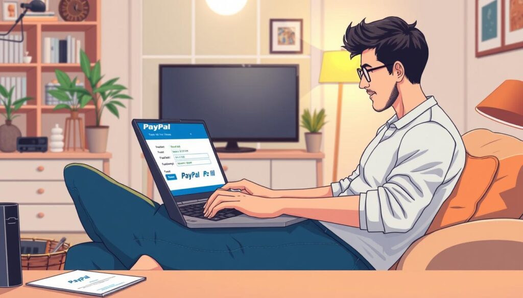 Generate an image of a person using PayPal on their laptop to pay for IPTV services.