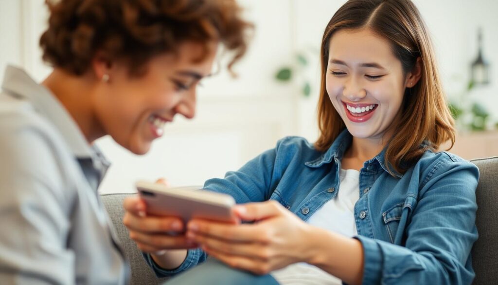 Generate an image of a person using TiVistation on their device with a satisfied expression.