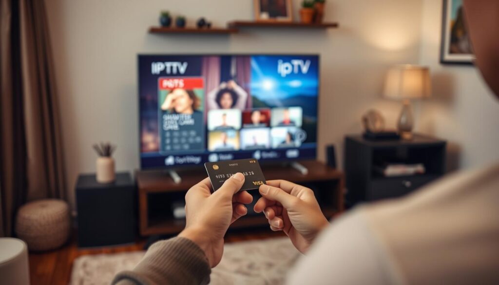 Generate an image of a person using a credit card to pay for IPTV services on their TV.