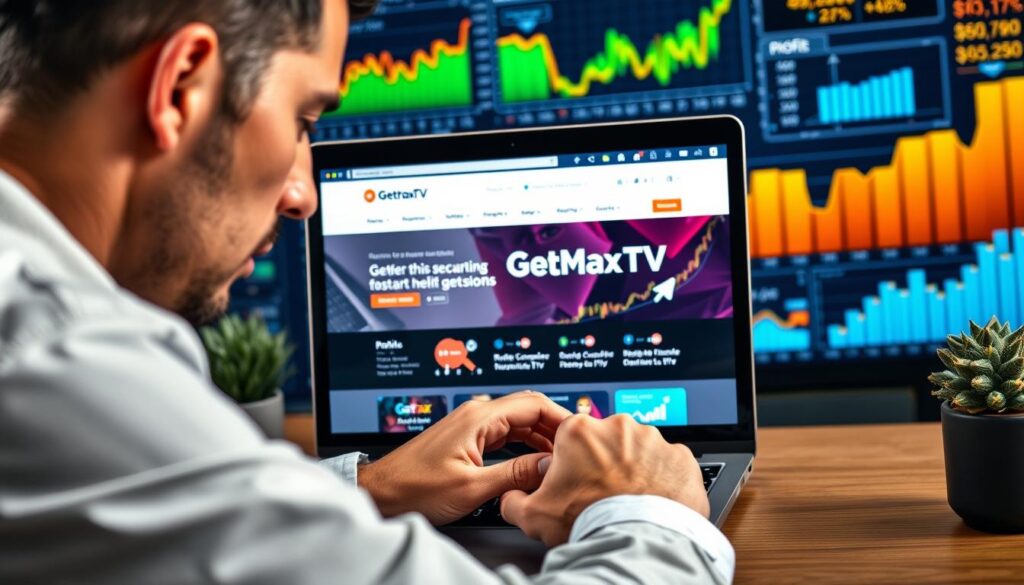 Generate an image of a person using a laptop with the GetMaxTV website open, surrounded by profit charts and graphs.