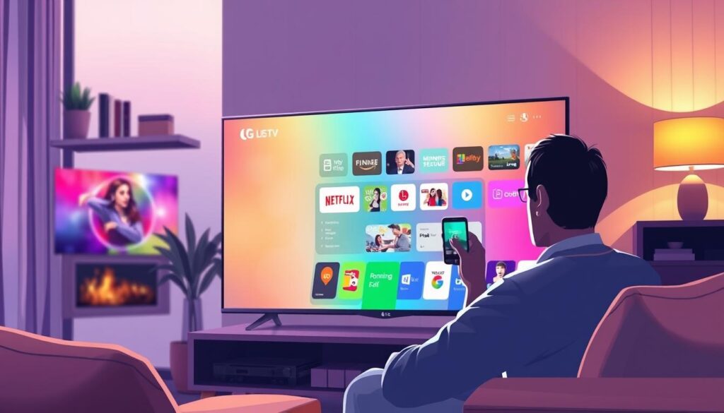 Generate an image of a person using an IPTV app on their LG Smart TV