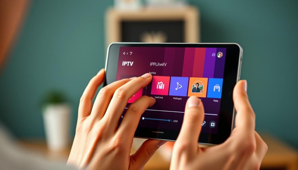 Generate an image of a person using an IPTV player on their device