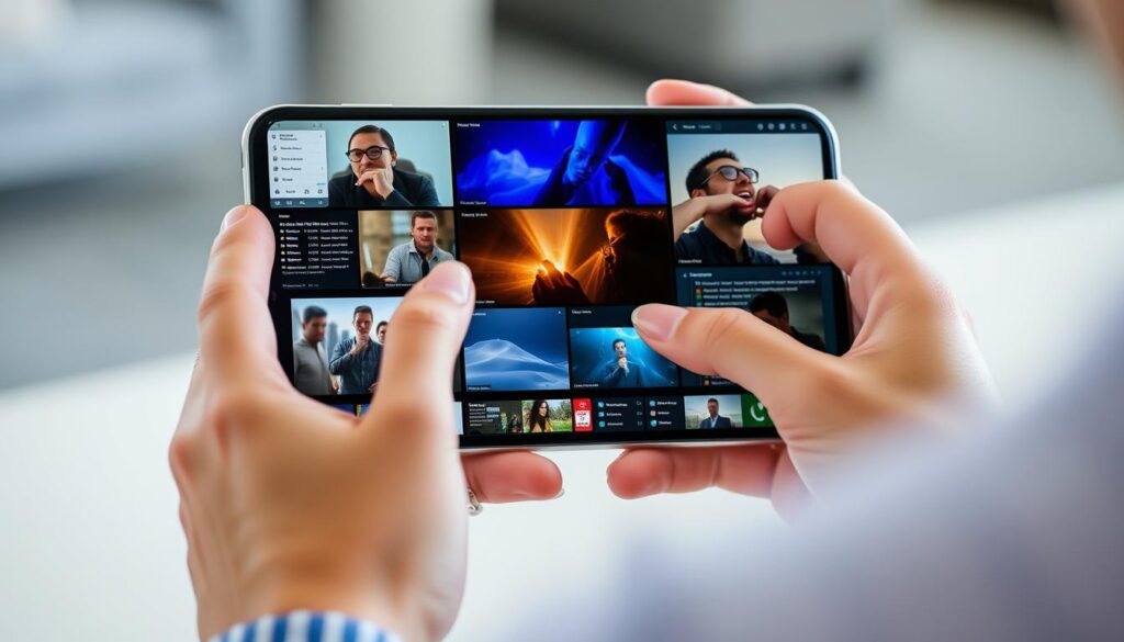 Generate an image of a person utilizing the multi-screen viewing feature on their device, with multiple screens displaying different content.