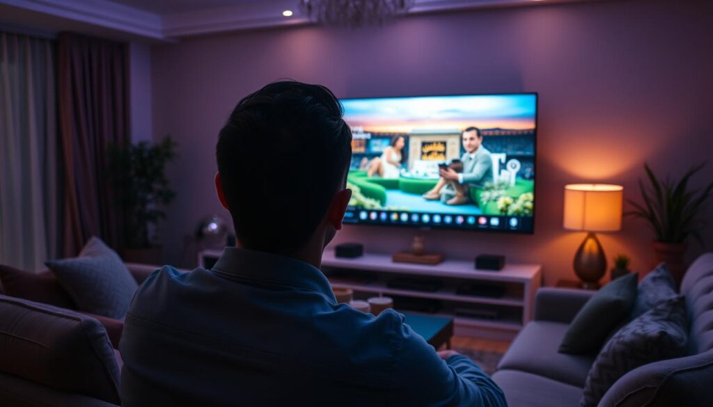 Generate an image of a person watching Arabic IPTV on a large screen TV with high-definition quality.
