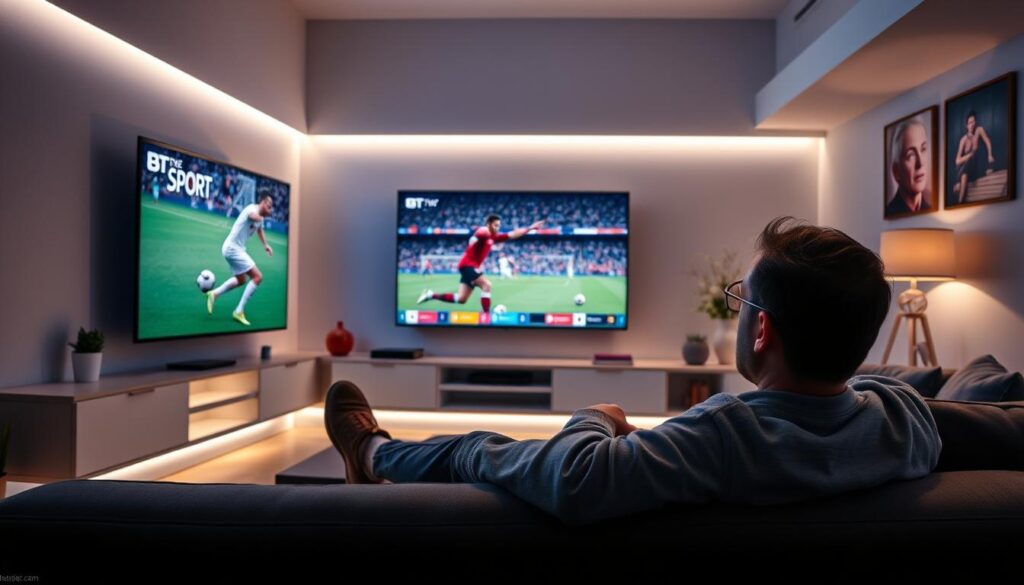 Generate an image of a person watching BT Sport on a smart TV.