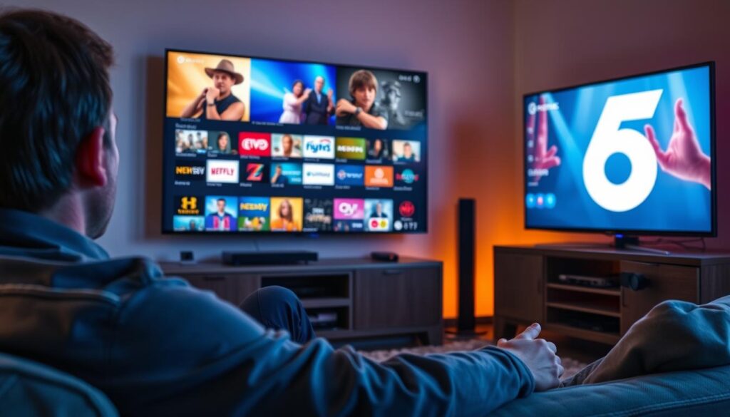 Generate an image of a person watching Channel5 content on IPTV with a variety of channels and shows displayed on the screen.