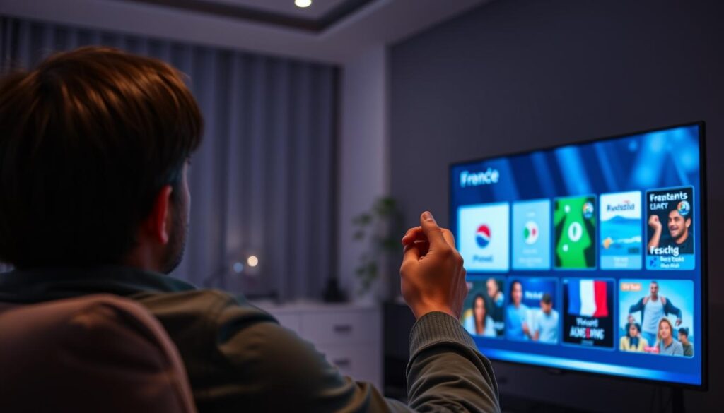 Generate an image of a person watching French channels on IPTV