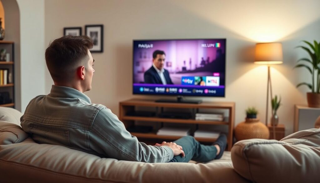 Generate an image of a person watching French channels on their TV via DigitaLizard IPTV.