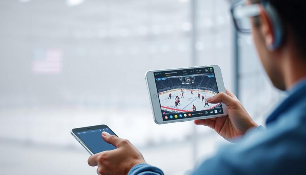 Generate an image of a person watching NHL hockey on a device with a stable internet connection.