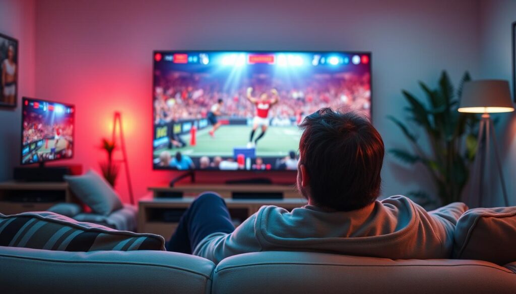Generate an image of a person watching PPV events on IPTV with a VPN connection