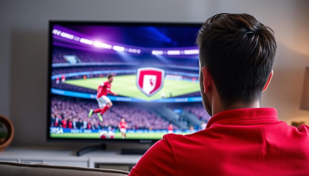 Generate an image of a person watching Premier League on IPTV with a VPN connection
