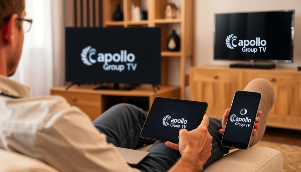 Generate an image of a person watching TV on multiple devices with an "Apollo Group TV" logo.