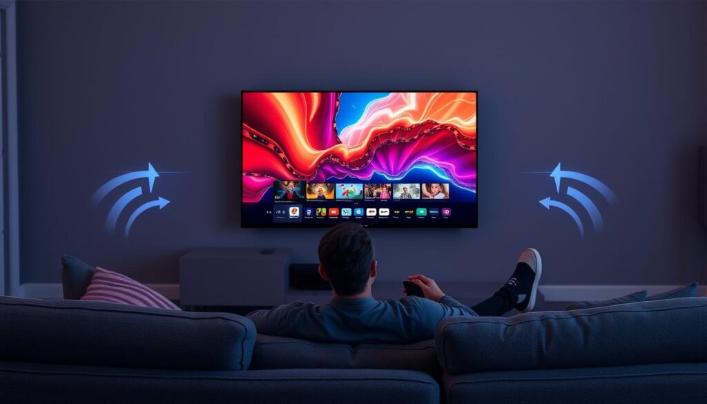 Generate an image of a person watching TV with a Hypersonic TV logo and fast streaming indicators.
