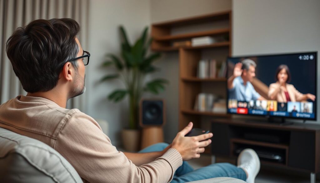 Generate an image of a person watching TV with a calm and uninterrupted streaming experience.