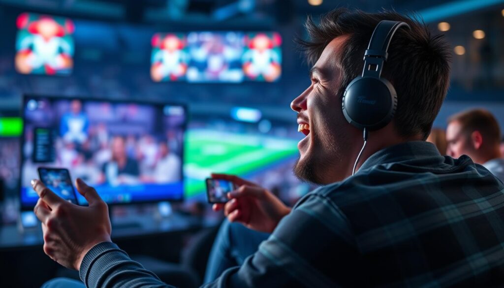 Generate an image of a person watching a PPV event on Trevix Play with high-quality streaming.