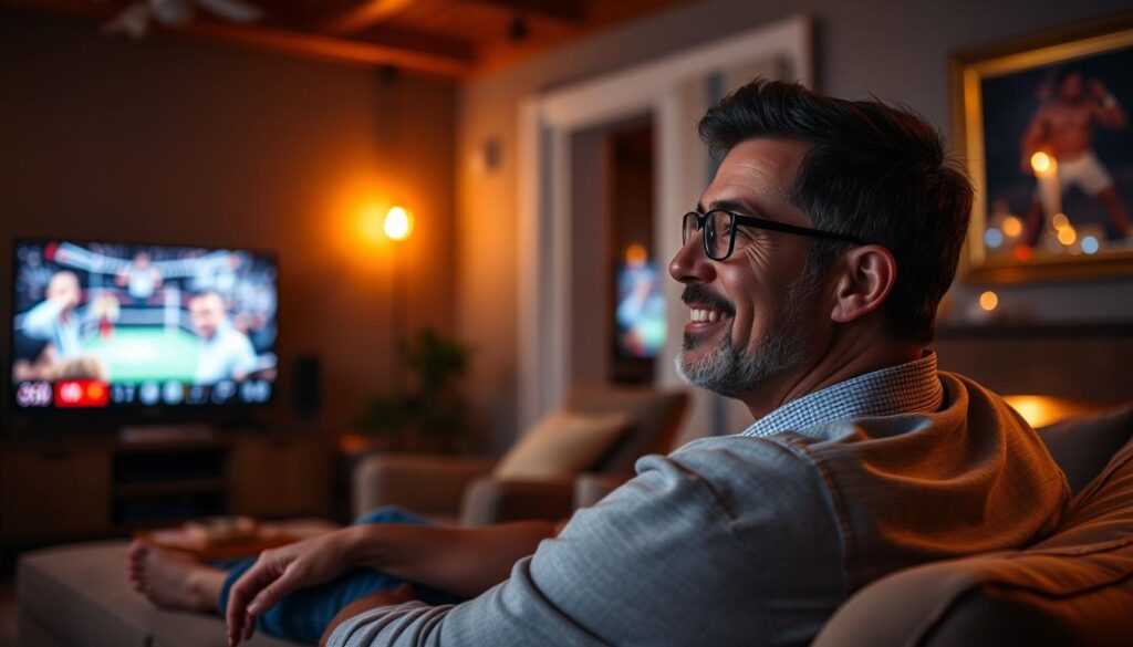 Generate an image of a person watching a live PPV event on their TV with a satisfied expression.
