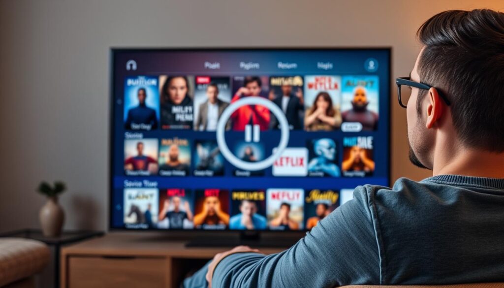Generate an image of a person watching a vast library of movies and TV series on a smart TV with a pause and resume feature on the screen.